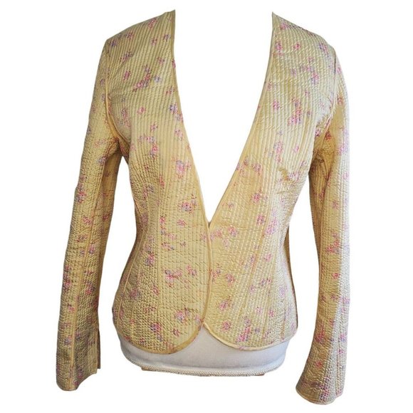 Womens Sz‎ Medium 8 Yellow Floral Quilted Jacket Thin Reversible Open Front - Picture 4 of 10